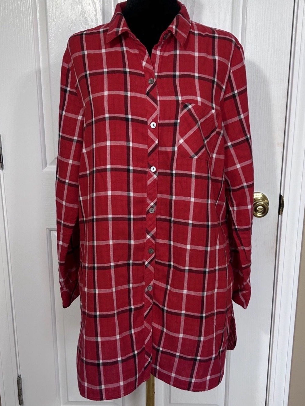 J.Jill Red Plaid Cotton Flannel Longline Button Down Shirt Dress Tunic Large